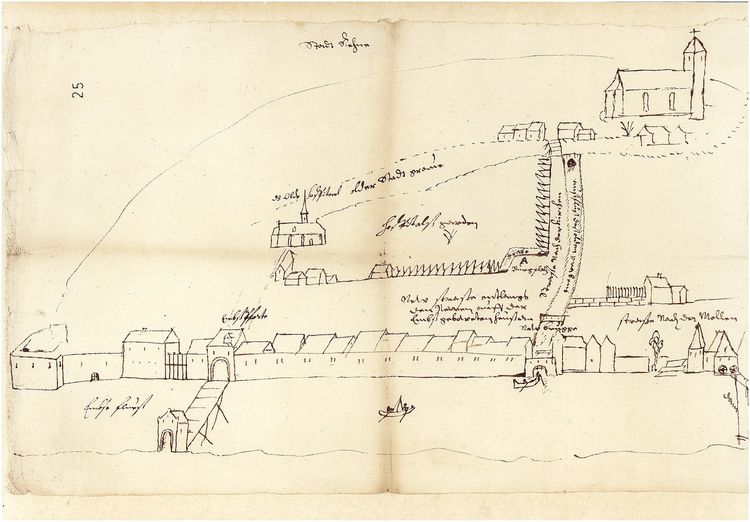 {if0:m_addinfo!=){if1:m_addinfo=)älteste bisher bekannte Skizze der Stadt Rheine mit Emsbrücke, Staatsarchiv Münster