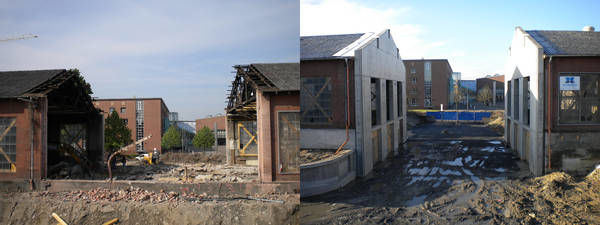 {if0:m_addinfo!=){if1:m_addinfo=)Foto links: Aufbruch der Halle und Bodenabtrag; Foto rechts: neue Giebelwände als Gebäudeabschluss